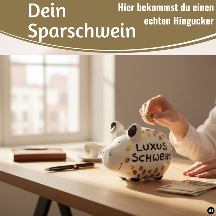 KI-generiertes Bild,Keramik Sparschwein Spruch Luxus Schwein Weiß Gold Spardose Sparbüchse