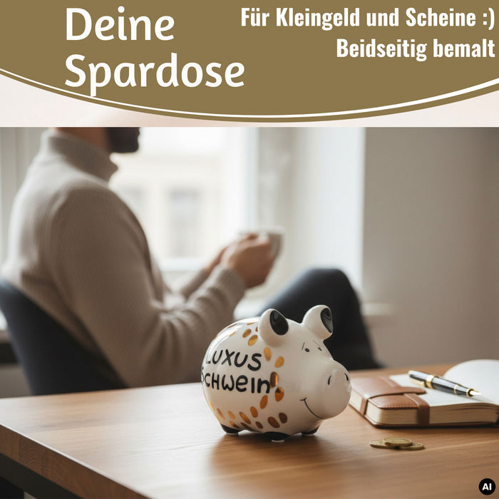 KI-generiertes Bild,Keramik Sparschwein Spruch Luxus Schwein Weiß Gold Spardose Sparbüchse