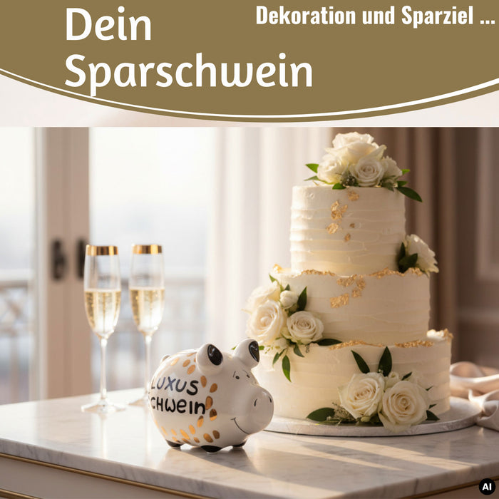 KI-generiertes Bild,Keramik Sparschwein Spruch Luxus Schwein Weiß Gold Spardose Sparbüchse