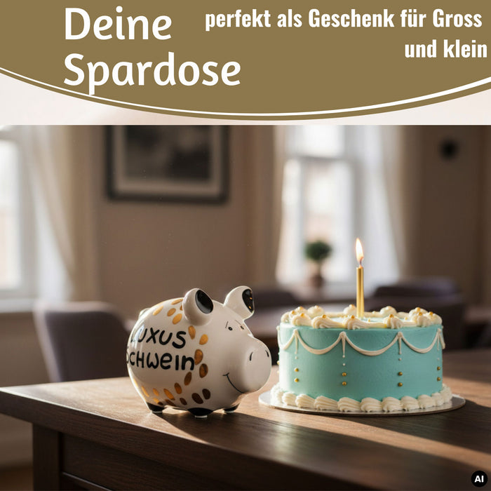 KI-generiertes Bild,Keramik Sparschwein Spruch Luxus Schwein Weiß Gold Spardose Sparbüchse