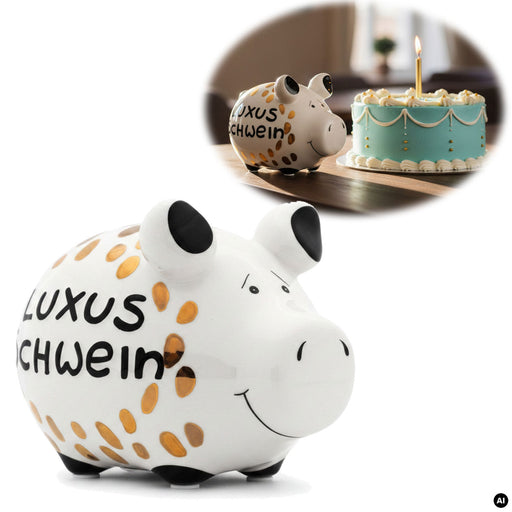 KI-generiertes Bild Keramik Sparschwein Spruch Luxus Schwein Weiß Gold Spardose Sparbüchse