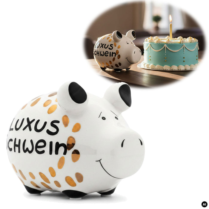 KI-generiertes Bild Keramik Sparschwein Spruch Luxus Schwein Weiß Gold Spardose Sparbüchse