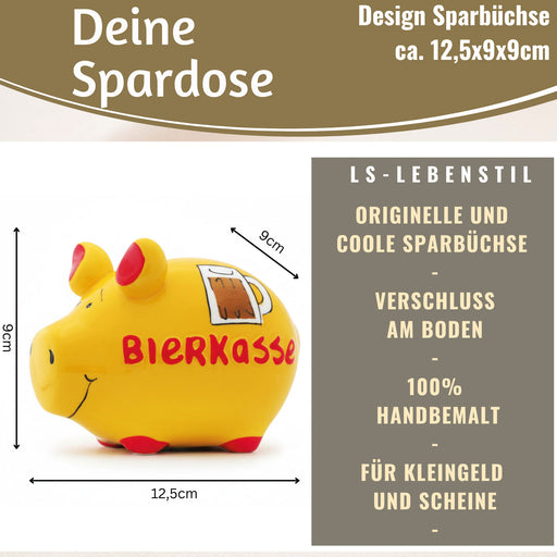KI-generiertes Bild,Keramik Sparschwein Spruch Bierkasse Gelb Rot Spardose Sparbüchse