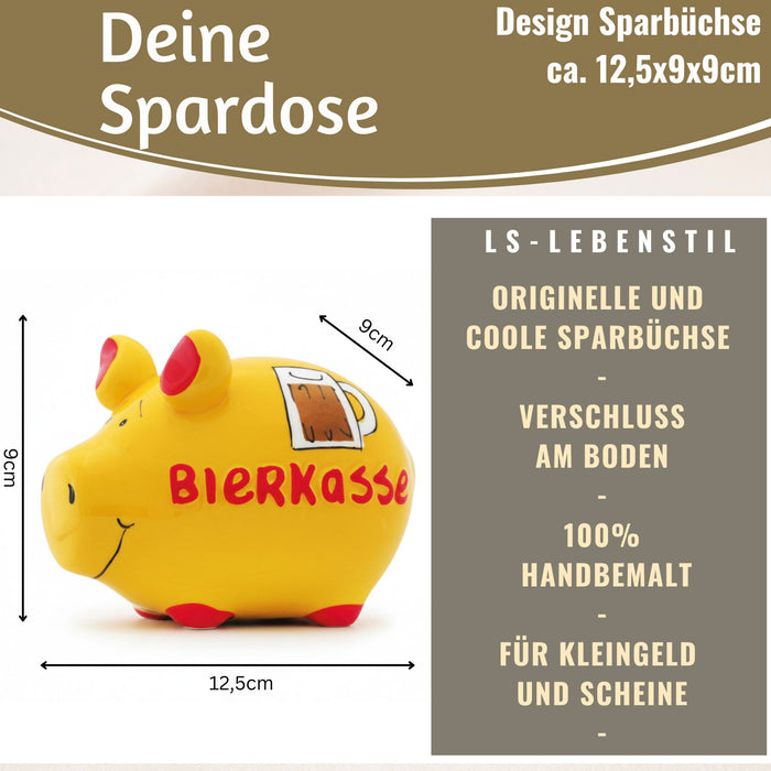 KI-generiertes Bild,Keramik Sparschwein Spruch Bierkasse Gelb Rot Spardose Sparbüchse