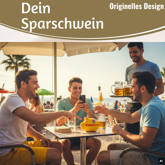 KI-generiertes Bild,Keramik Sparschwein Spruch Bierkasse Gelb Rot Spardose Sparbüchse