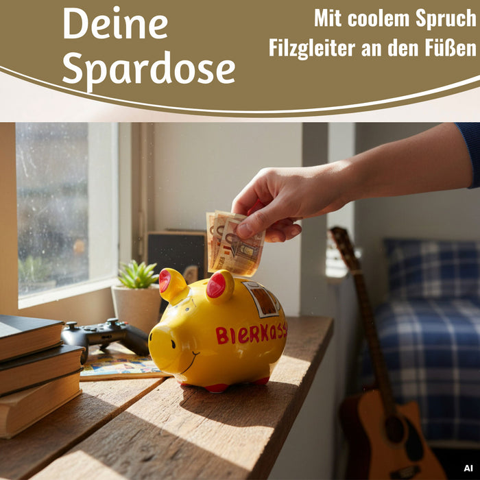 KI-generiertes Bild,Keramik Sparschwein Spruch Bierkasse Gelb Rot Spardose Sparbüchse