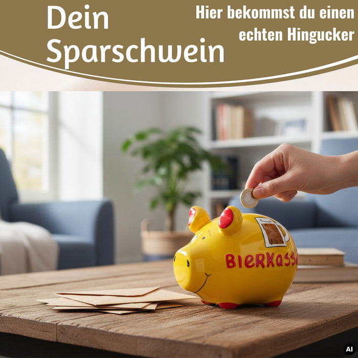 KI-generiertes Bild,Keramik Sparschwein Spruch Bierkasse Gelb Rot Spardose Sparbüchse
