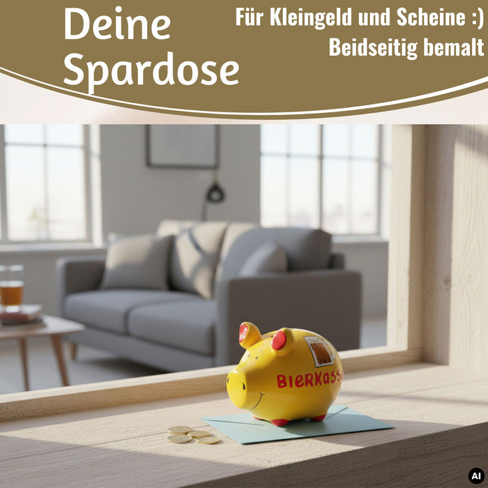KI-generiertes Bild,Keramik Sparschwein Spruch Bierkasse Gelb Rot Spardose Sparbüchse
