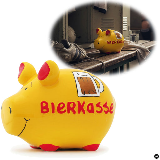 KI-generiertes Bild Keramik Sparschwein Spruch Bierkasse Gelb Rot Spardose Sparbüchse