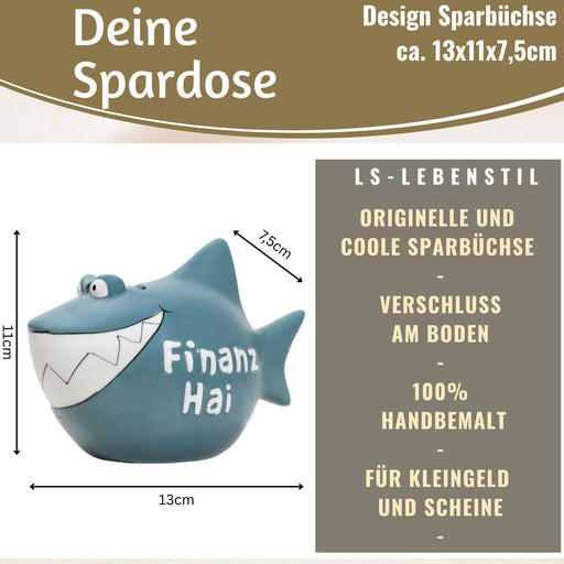 KI-generiertes Bild,Keramik Sparschwein Spruch Finanz-Hai Blau Weiß Gold Spardose Sparbüchse