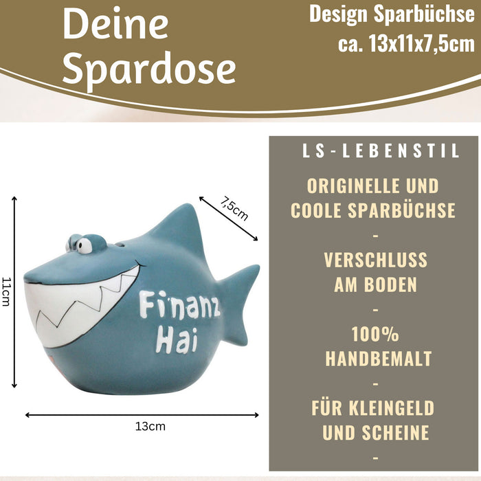 KI-generiertes Bild,Keramik Sparschwein Spruch Finanz-Hai Blau Weiß Gold Spardose Sparbüchse