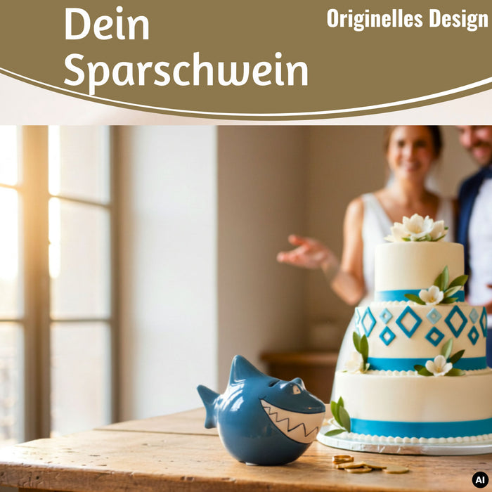 KI-generiertes Bild,Keramik Sparschwein Spruch Finanz-Hai Blau Weiß Gold Spardose Sparbüchse