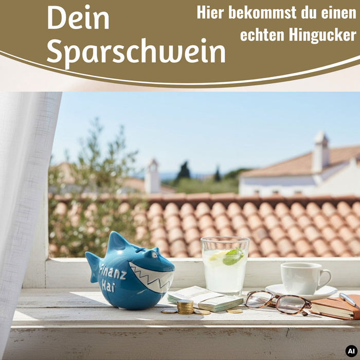 KI-generiertes Bild,Keramik Sparschwein Spruch Finanz-Hai Blau Weiß Gold Spardose Sparbüchse