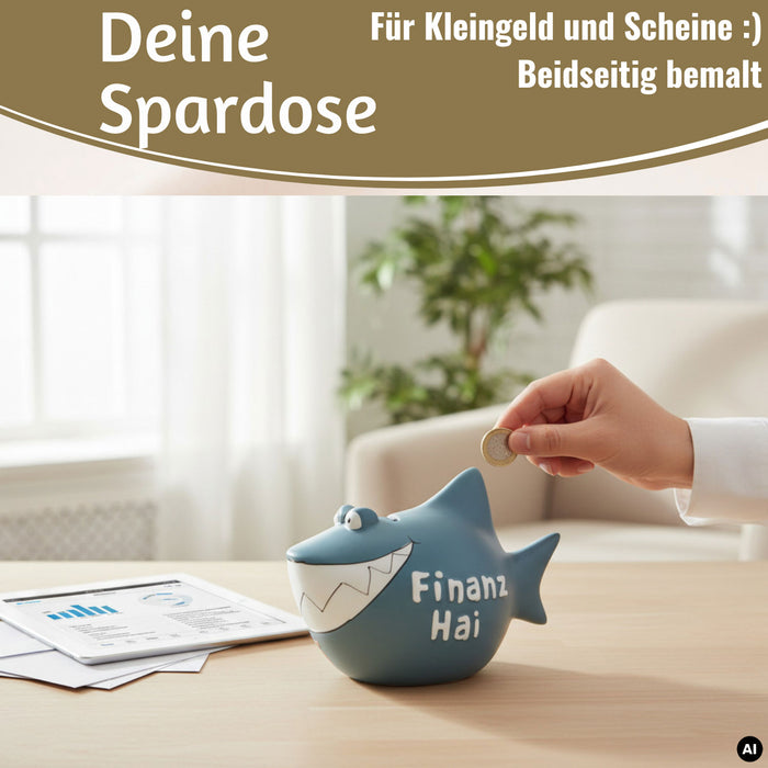 KI-generiertes Bild,Keramik Sparschwein Spruch Finanz-Hai Blau Weiß Gold Spardose Sparbüchse
