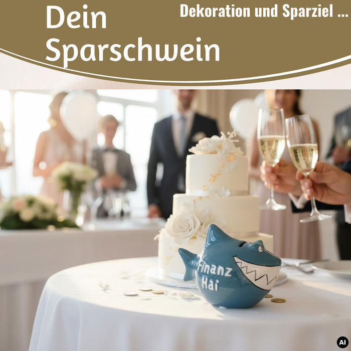 KI-generiertes Bild,Keramik Sparschwein Spruch Finanz-Hai Blau Weiß Gold Spardose Sparbüchse