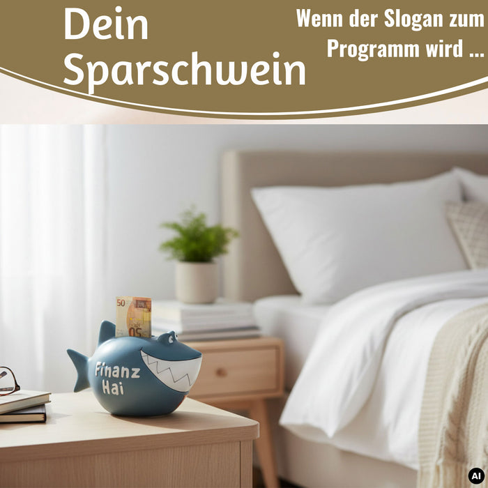 KI-generiertes Bild,Keramik Sparschwein Spruch Finanz-Hai Blau Weiß Gold Spardose Sparbüchse