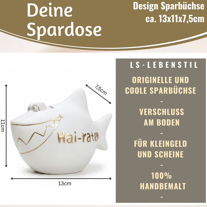 KI-generiertes Bild,Keramik Sparschwein Spruch Hai-Raten Weiß Gold Hochzeit Spardose Sparbüchse