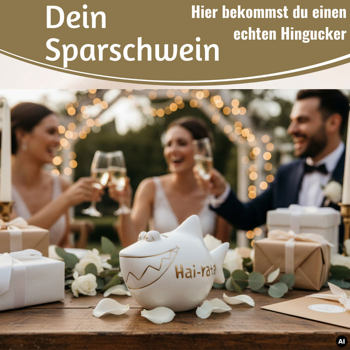 KI-generiertes Bild,Keramik Sparschwein Spruch Hai-Raten Weiß Gold Hochzeit Spardose Sparbüchse
