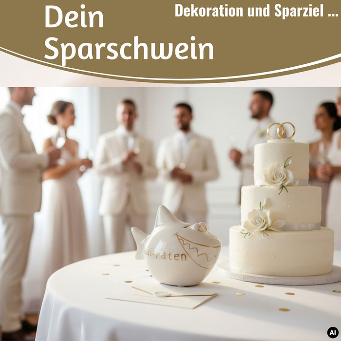 KI-generiertes Bild,Keramik Sparschwein Spruch Hai-Raten Weiß Gold Hochzeit Spardose Sparbüchse