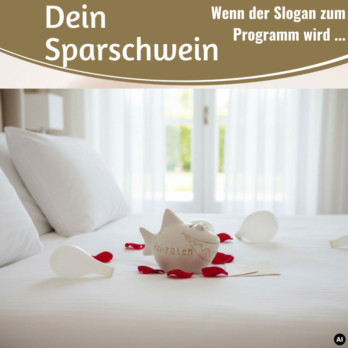 KI-generiertes Bild,Keramik Sparschwein Spruch Hai-Raten Weiß Gold Hochzeit Spardose Sparbüchse