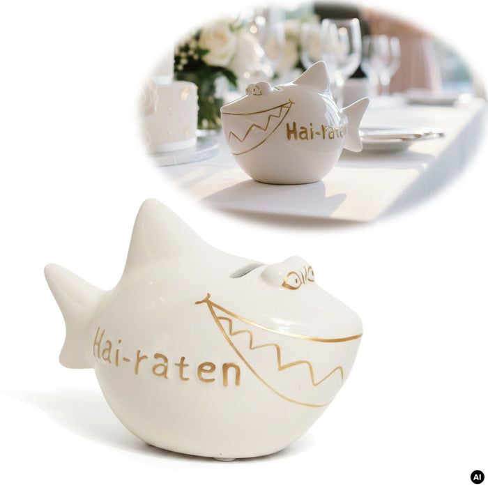 KI-generiertes Bild Keramik Sparschwein Spruch Hai-Raten Weiß Gold Hochzeit Spardose Sparbüchse