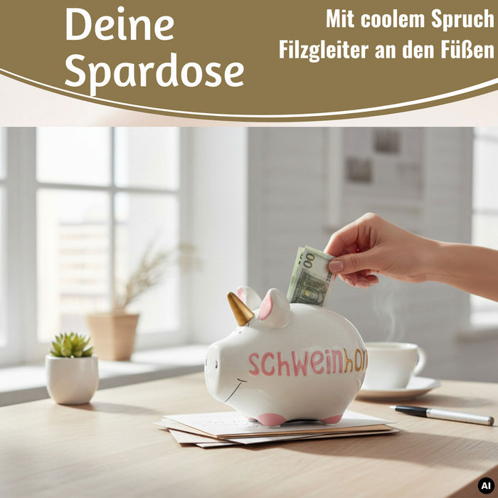 KI-generiertes Bild,Keramik Sparschwein Spruch Schweinhorn Weiß Rosa Gold Spardose Sparbüchse
