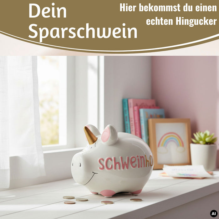 KI-generiertes Bild,Keramik Sparschwein Spruch Schweinhorn Weiß Rosa Gold Spardose Sparbüchse