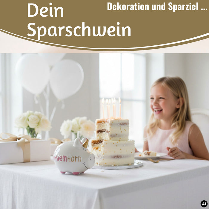 KI-generiertes Bild,Keramik Sparschwein Spruch Schweinhorn Weiß Rosa Gold Spardose Sparbüchse