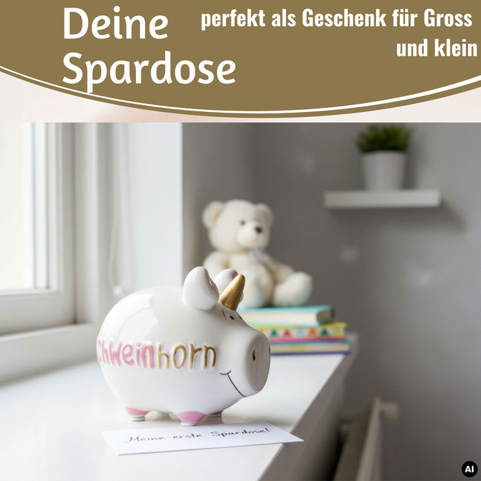 KI-generiertes Bild,Keramik Sparschwein Spruch Schweinhorn Weiß Rosa Gold Spardose Sparbüchse