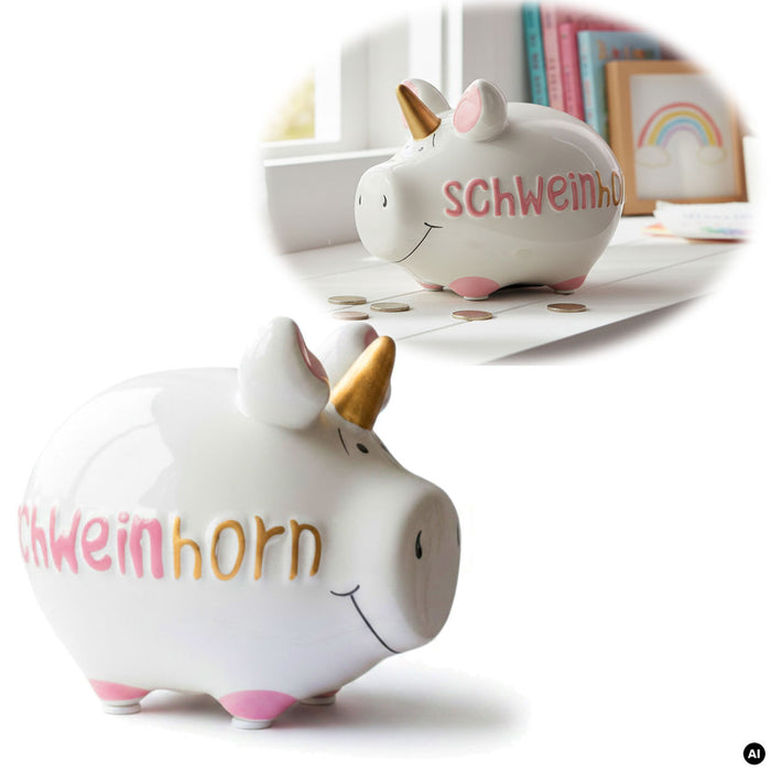 KI-generiertes Bild Keramik Sparschwein Spruch Schweinhorn Weiß Rosa Gold Spardose Sparbüchse