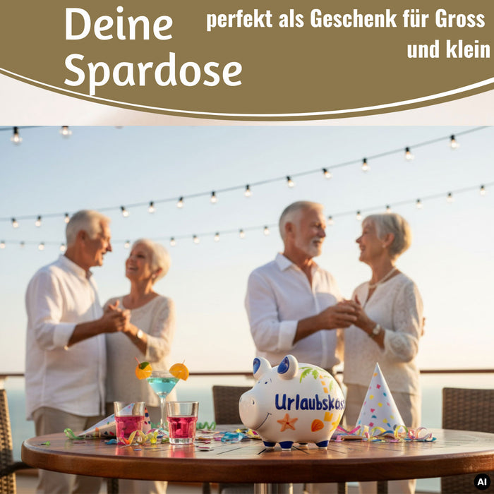 KI-generiertes Bild,Keramik Sparschwein Spruch Urlaubskasse Weiß Blau Spardose Sparbüchse