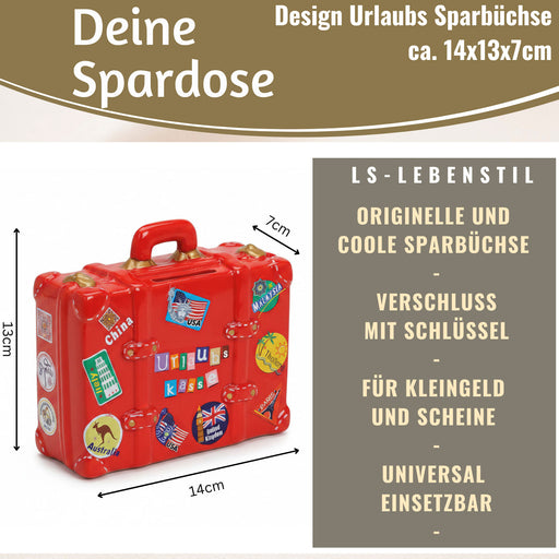 KI-generiertes Bild,Keramik Sparschwein Koffer Spruch Urlaubskasse Rot Blau Grün Spardose Sparbüchse