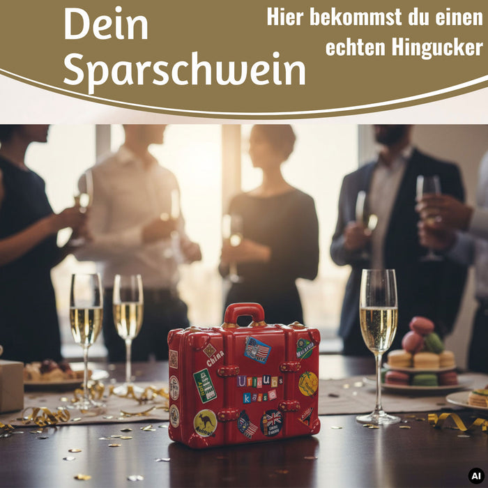 KI-generiertes Bild,Keramik Sparschwein Koffer Spruch Urlaubskasse Rot Blau Grün Spardose Sparbüchse
