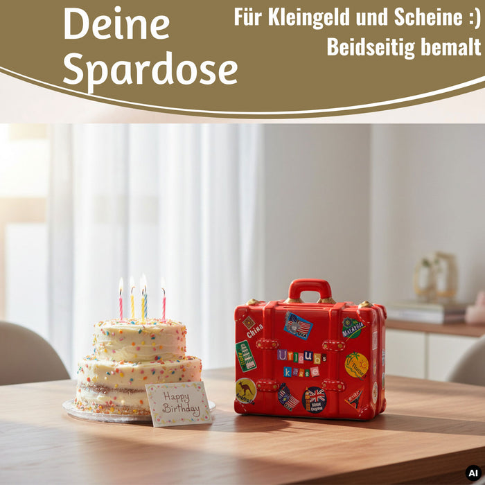 KI-generiertes Bild,Keramik Sparschwein Koffer Spruch Urlaubskasse Rot Blau Grün Spardose Sparbüchse