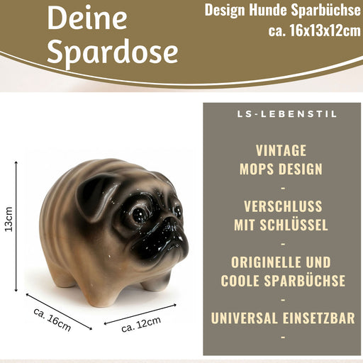 KI-generiertes Bild,Keramik Hunde Spardose Mops 13cm Sparbüchse Sparschwein abschließbar Geschenk