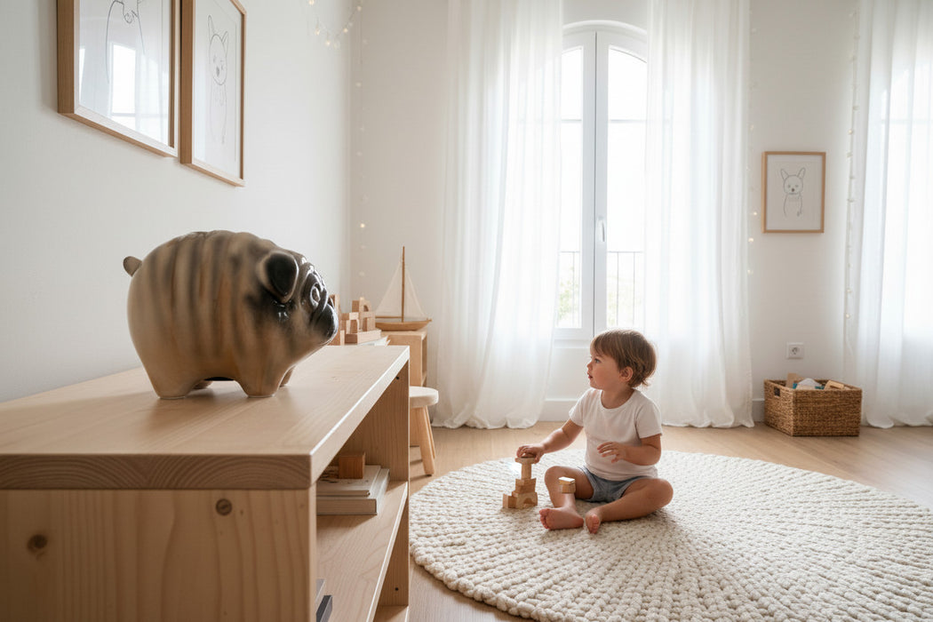 KI-generiertes Bild,Keramik Hunde Spardose Mops 13cm Sparbüchse Sparschwein abschließbar Geschenk