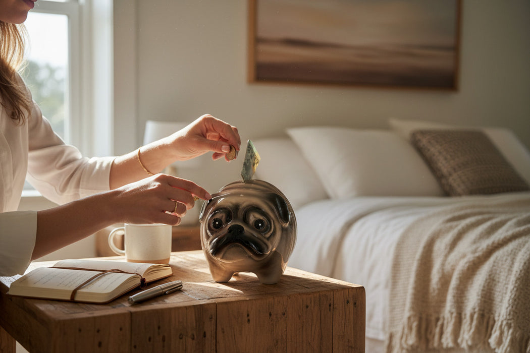 KI-generiertes Bild,Keramik Hunde Spardose Mops 13cm Sparbüchse Sparschwein abschließbar Geschenk