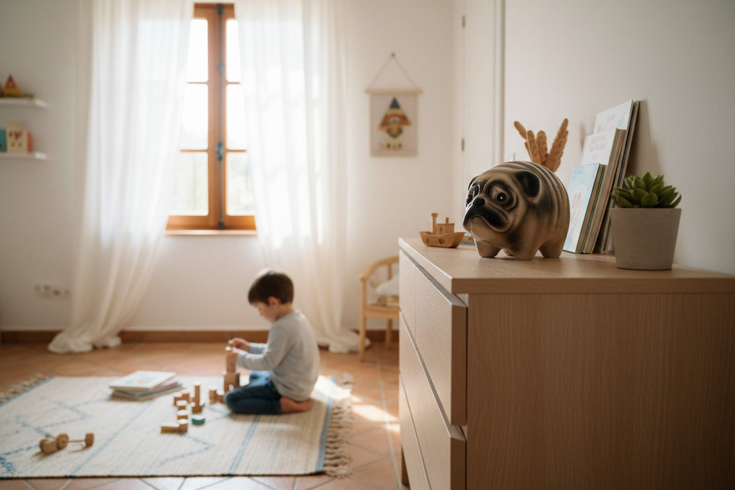 KI-generiertes Bild,Keramik Hunde Spardose Mops 13cm Sparbüchse Sparschwein abschließbar Geschenk