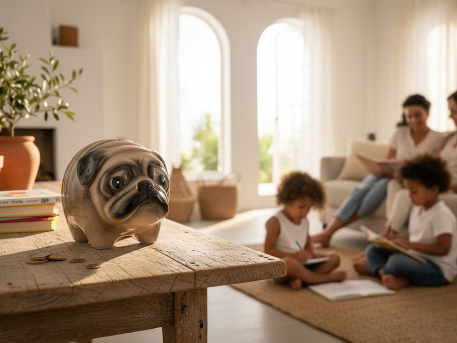 KI-generiertes Bild,Keramik Hunde Spardose Mops 13cm Sparbüchse Sparschwein abschließbar Geschenk
