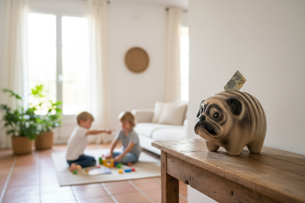 KI-generiertes Bild,Keramik Hunde Spardose Mops 13cm Sparbüchse Sparschwein abschließbar Geschenk