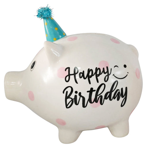 KI-generiertes Bild Keramik Sparschwein Blau Schwein 14x11cm Happy Birthday mit Partyhut Spardose