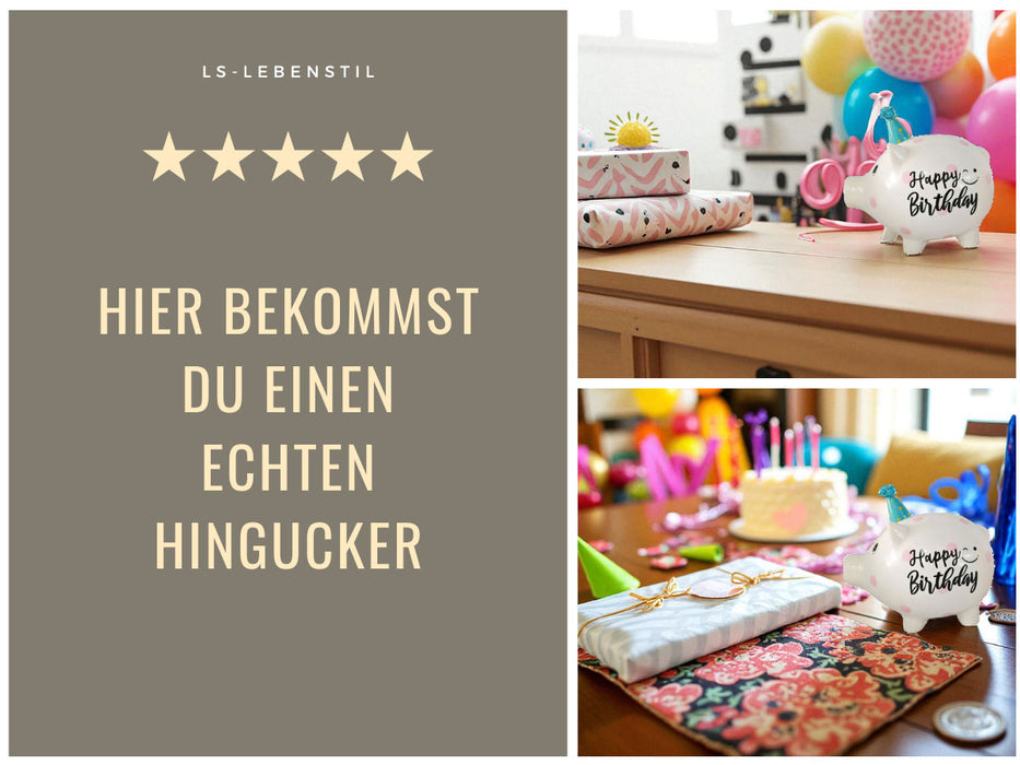 KI-generiertes Bild,Keramik Sparschwein Blau Schwein 14x11cm Happy Birthday mit Partyhut Spardose