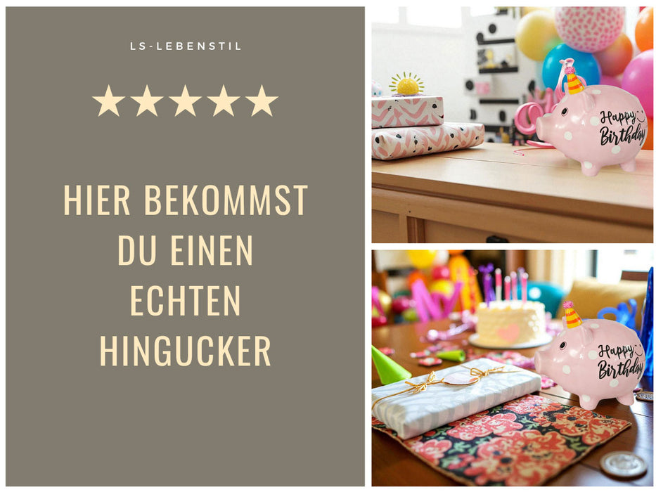 KI-generiertes Bild,Keramik Sparschwein Rosa Schwein 14x11cm Happy Birthday mit Partyhut Spardose
