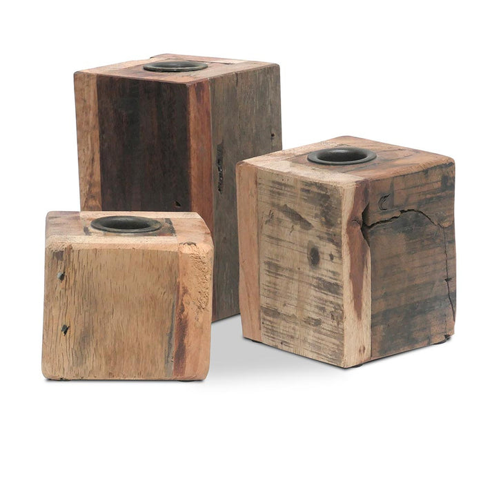 KI-generiertes Bild,3er Set Holz Kerzenständer Dehli Fundholz Cube 6-13cm Kerzenhalter Stabkerzen