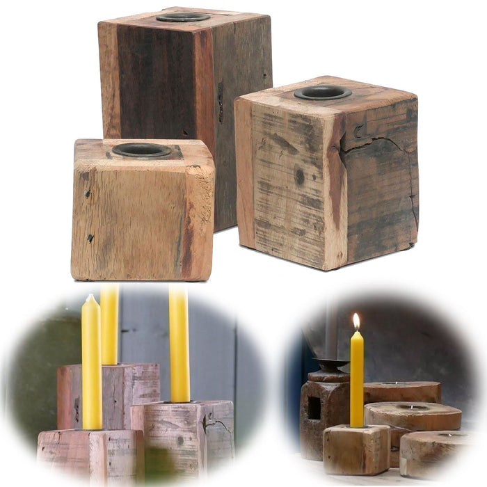 KI-generiertes Bild 3er Set Holz Kerzenständer Dehli Fundholz Cube 6-13cm Kerzenhalter Stabkerzen