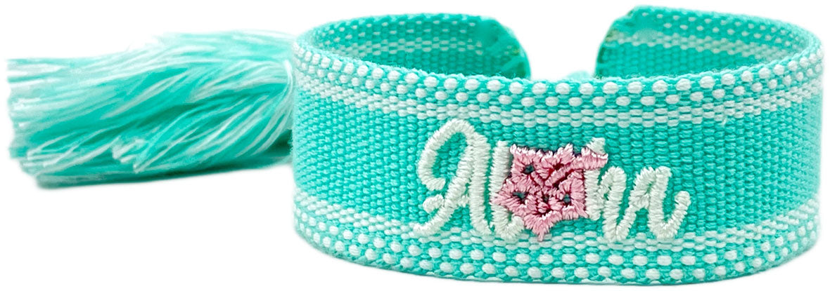 KI-generiertes Bild,Canvas Statement Armband Aloha Türkis Weiß Rosa Quasten besticktes Webarmband