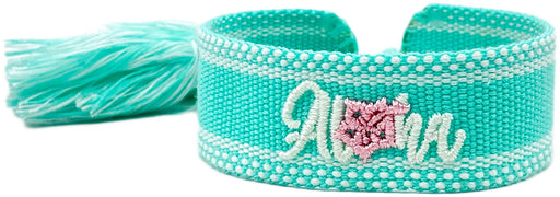 KI-generiertes Bild,Canvas Statement Armband Aloha Türkis Weiß Rosa Quasten besticktes Webarmband