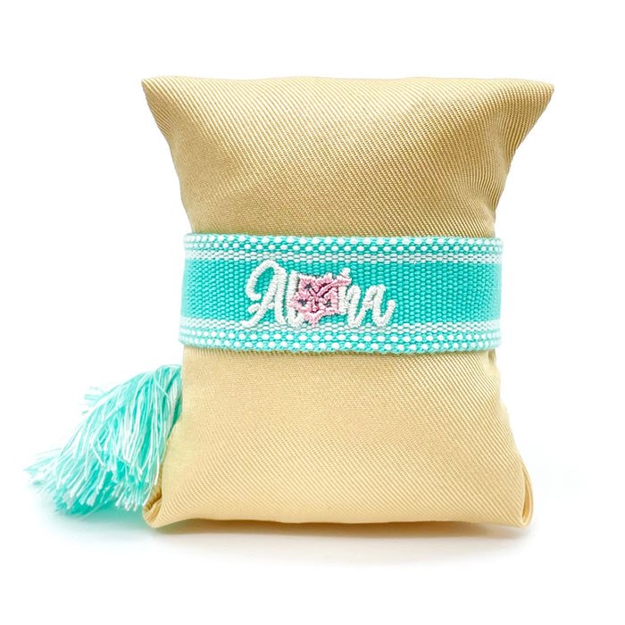 KI-generiertes Bild,Canvas Statement Armband Aloha Türkis Weiß Rosa Quasten besticktes Webarmband
