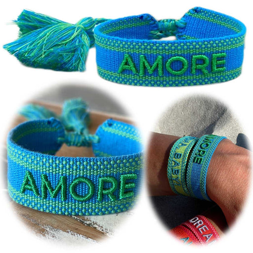 KI-generiertes Bild Canvas Statement Armband Amore ❤️ Blau Grün Quasten besticktes Webarmband