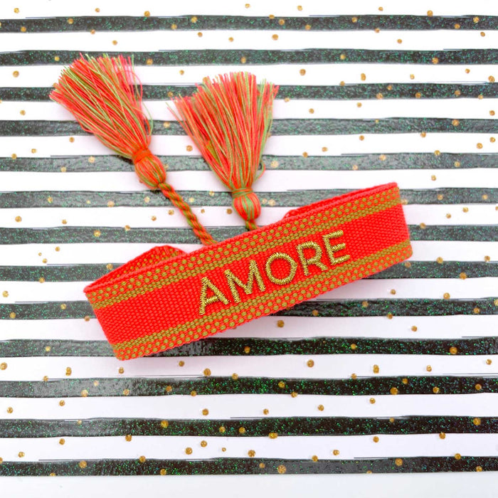KI-generiertes Bild,Canvas Statement Armband Amore ?? Neon Gold Quasten besticktes Webarmband